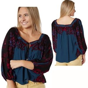 Free People Wild Memories Peasant Blouse in Dark Turquoise Size Small